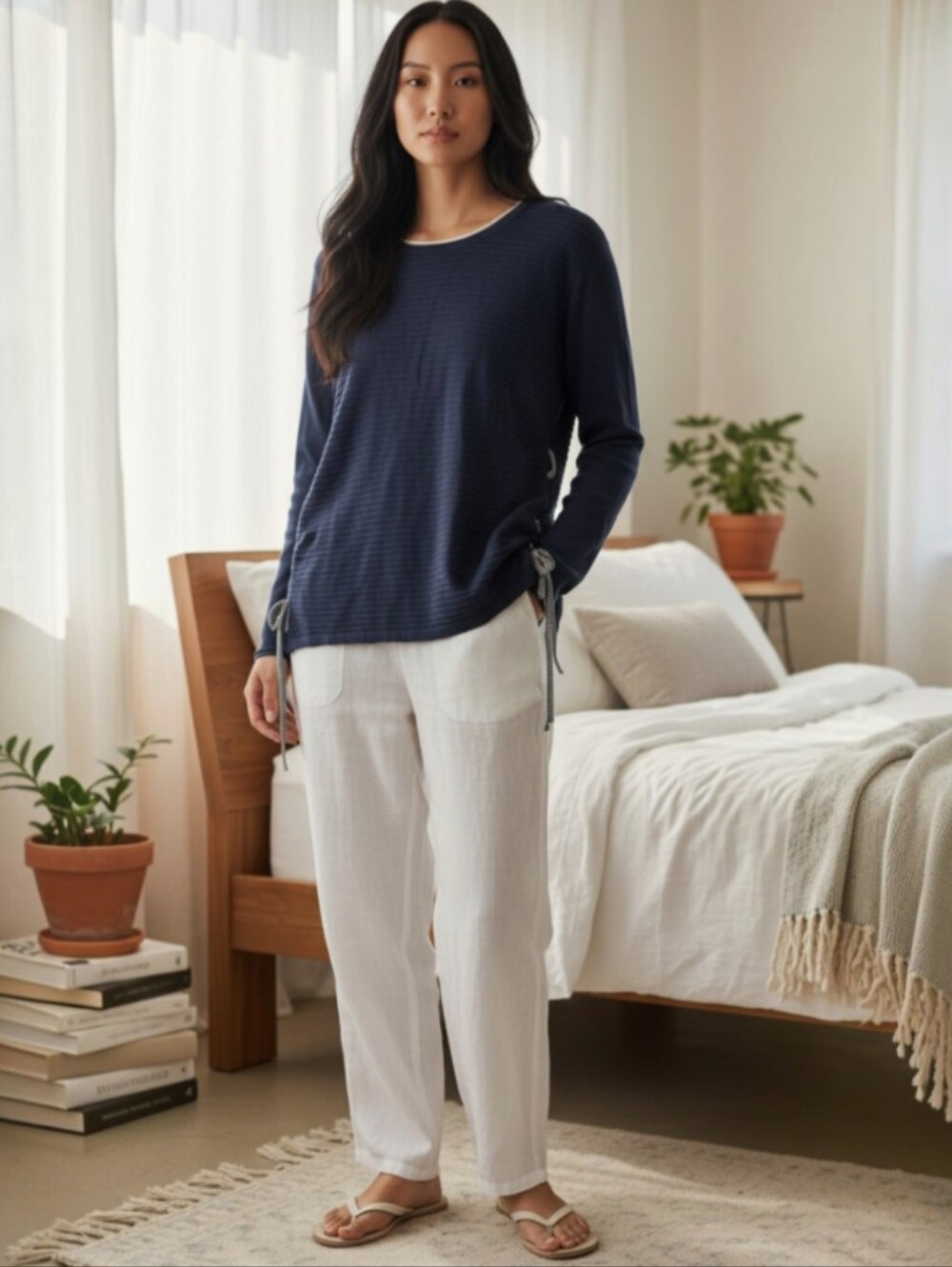 Nwt! Olsen Navy Long Sleeve Knit Sweater with Side Ties - Picture 2 of 11